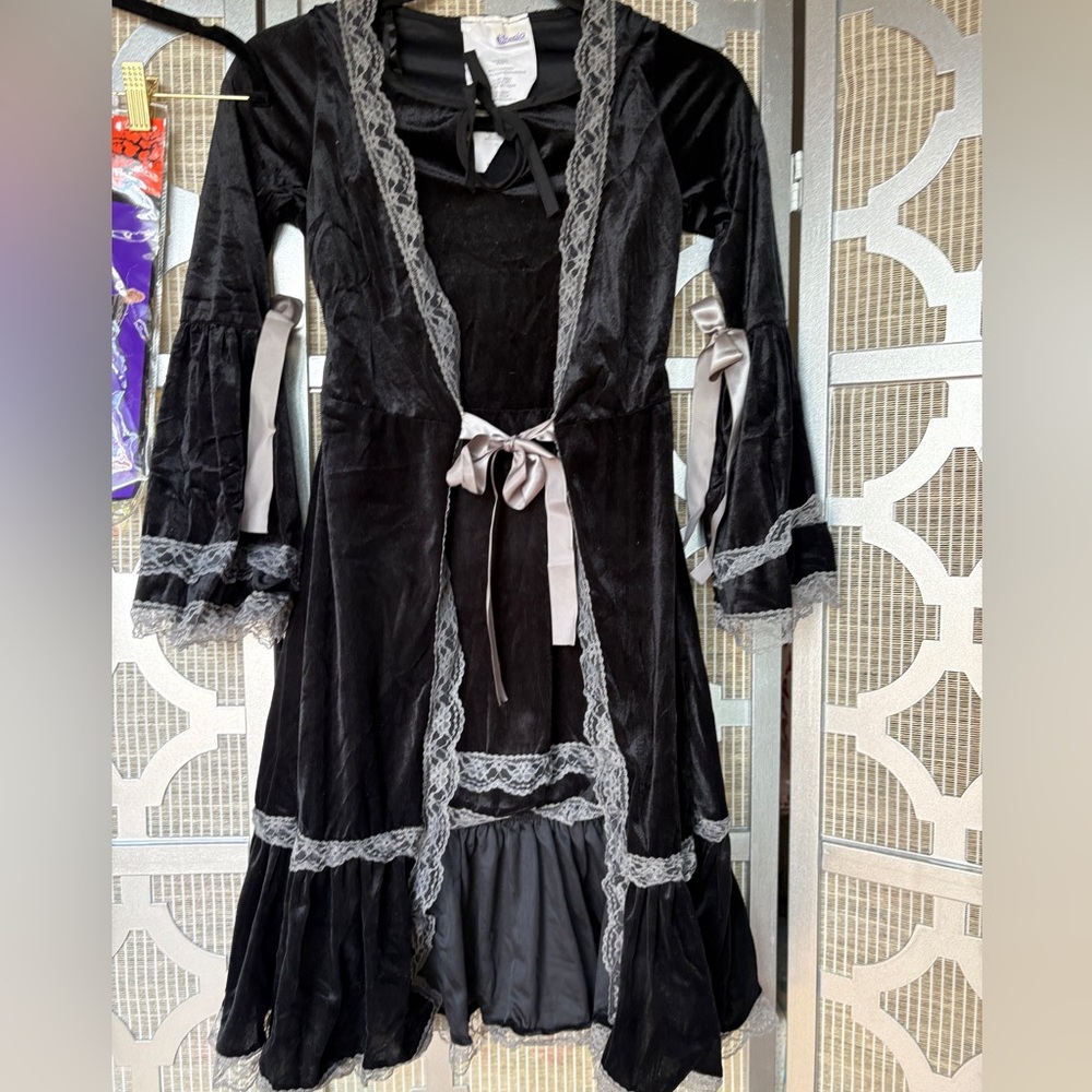 Girls Halloween Costume Black Velvet Dress with Gray Lace - Picture 2 of 16
